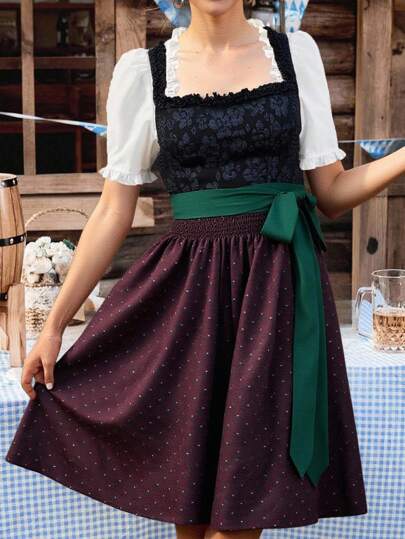 Fairmaia 德国传统优雅复古无袖女式连衣裙 Dirndl 慕尼黑啤酒节传统德国传统复古无袖女式花裙传统 Dirndl 方领连衣裙和围裙，适合十月、万圣节