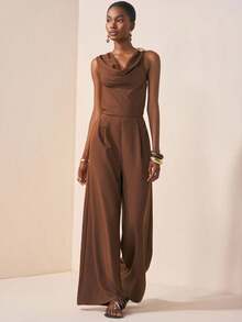 Zivah 2025 Autumn New Music Festival, Easter, St. Patrick's Day, Western, Nomadic, Birthday Party, Graduation, College Style, Student Wear, Daily Casual, All-Match Versatile, Leisure, Vacation, Cruise Travel, Beach, Sunbathing, Viral , Streetwear, Wedding Guest Boho, Commute, Brunch, Airport, Plunging Neckline Floral Metal Decor Sleeveless Brown Linen Textured Crinkle Fabric Wide Leg Jumpsuit