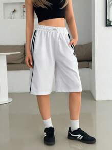 EURMUSE 女式侧条纹宽松休闲百慕大短裤 - 白色 - 查看 3