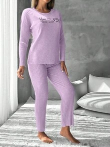 EURMUSE 100%Cotton Women's Text Print Ribbed Knit Lounge Wear Set - Purple - View 5