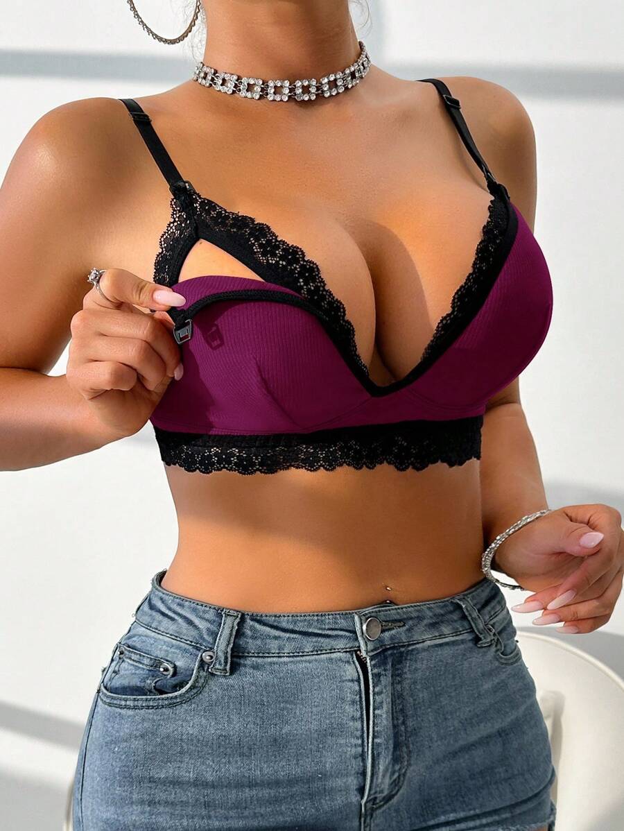 Moonlight&Mama 孕妇撞色蕾丝边性感罗纹哺乳文胸 - 玫紅色 - 查看 1