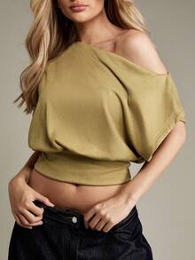 MISSGUIDED Áo crop top dệt kim trễ vai không đối xứng ôm sát eo tay ngắn mùa hè thu thường ngày cơ bản ôm sát thời trang phương Tây áo cánh thiết yếu Giáng sinh - màu xanh lá - Xem 5