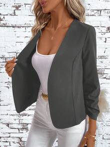 SHEIN Clasi Women's Elegant Ruffle Front Long Sleeve Versatile Black Jacket In Fall/Winter