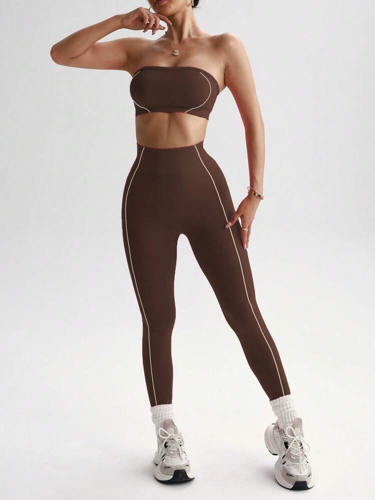 Slayform Conjunto deportivo sin costuras a rayas rosa, conjunto de top corto y leggings marrón, conjunto de dos piezas marrón, conjunto de yoga marrón, conjunto de entrenamiento sin tirantes, conjunto de entrenamiento sin costuras, conjunto de dos piezas marrón, conjunto de entrenamiento sin tirantes marrón, conjunto atlético marrón, conjunto de mallas marrón para mujer, conjunto de activewear sin tirantes marrón, conjunto de mallas de dos piezas marrón - Café integral - Añade 6