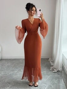 Elenzga Vestido de mujer de cuello en V con mangas de campana, con pliegues en la cintura y parches de malla, de estilo largo adecuado para fiestas, compras, festivales de música, primavera/otoño - Marrón - Ver 1