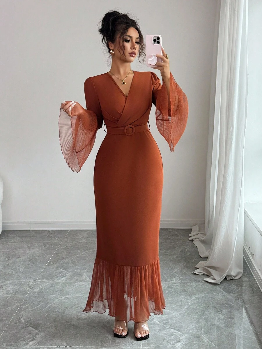 Elenzga Vestido de mujer de cuello en V con mangas de campana, con pliegues en la cintura y parches de malla, de estilo largo adecuado para fiestas, compras, festivales de música, primavera/otoño - Marrón - Ver 1