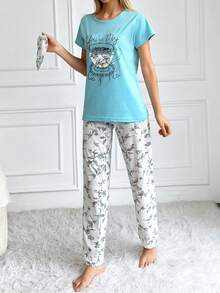 RueChic 2pcs/Set Women'S Flower Rint Pajamas And Coffee Print Top Homewear Pajama Set - Blue - View 5