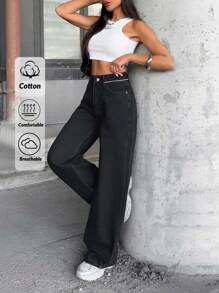 SHEIN Cottnline HIGH WAIST STRAIGHT JEAN PANT STYLE CASUAL Wide Leg Jeans High Waisted Pants Black Baggy Jeans Women Pants Wide Leg - Medium Wash - View 1