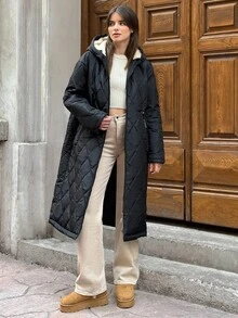 EURMUSE 纯色、抽绳腰带、连帽、冬季外套 - 黑色 - 查看 3