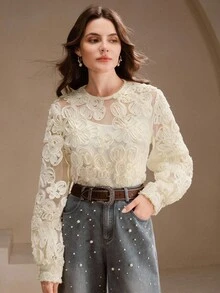 Anewsta 优雅刺绣镂空女士罩衫，高端别致的氛围 - 杏色 - 查看 3