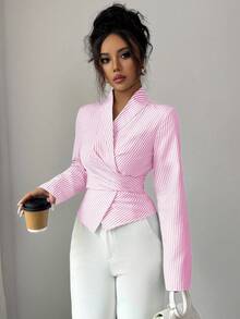 Selianne Blusa de moda con manga larga, cruce delantero y bajo asimétrico para mujer - Multicolor - Ver 7