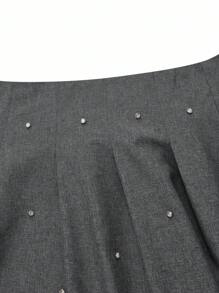 Modelyn Große Größen Faux-Leinen Strass Dekor Elastischer Bund Romantischer eleganter A-Linien Rock für Damen - Grau - Übersicht 6