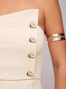 Silquee Women's Strapless Single-Breasted Metal Button Asymmetrical Hem Top And Wide-Leg Pants Fashion Party & Commute Suit - Beige - View 4