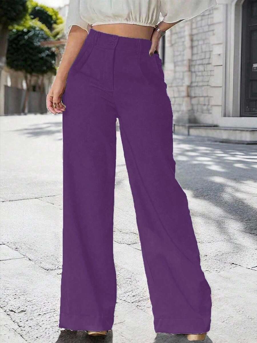 Chiquease Quần ống đứng xếp ly dáng rộng đơn sắc có túi dành cho nữ - Bold Plum - Xem 1