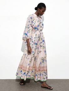 Maija Váy mùa hè thêu họa tiết Totem nhiều màu cho nữ, trang phục thường ngày thanh lịch cho kỳ nghỉ với cổ chữ V, vai trễ, tay áo 3/4, eo chun, viền chữ A, phong cách bãi biển Bohemian, thích hợp cho kỳ nghỉ, lễ hội âm nhạc, phong cách phương Tây - Nhiều màu - Xem 2