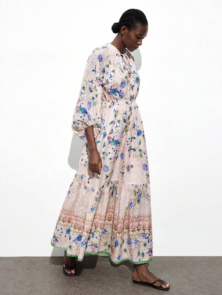 SHEIN Maija Women's Pink Floral Boho Holiday Autumn Tea Party Dress,Multicolor Totem Embroidery V-Neck 3/4 Sleeve Elastic Waist A-Line Hem Elegant Vacation Outfit