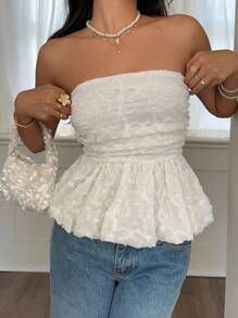 Serisse Women's Floral Ruched Hem Bandeau Crop Top Summer Casual - Beige - View 6