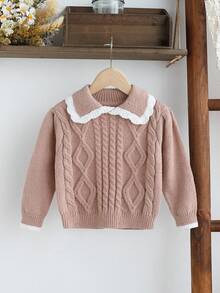 SHEIN 年轻女孩创意麻花针织荷叶边领可爱毛衣