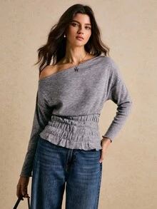 Poéselle 女士T恤，褶裥腰T恤，不对称领T恤，灰色T恤，舒适基础款打底衫，休闲女士纯色不对称领收腰T恤，春秋季女装，冬季女装 - 灰色 - 查看 6