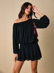 Poéselle 女式圆点印花露肩灯笼袖荷叶边下摆时尚迷你连衣裙 - 黑色 - 查看 2