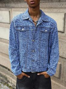 PAVTROS 男士豹纹长袖单排扣休闲牛仔夹克 - 淺色水洗藍 - 查看 5