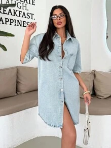 EURMUSE VÁY MINI TAY NGẮN CỤM PHÍA TRƯỚC CHO NỮ ÁO KHOÁC NHẸ MÀU TUYẾT - Rửa nhẹ - Xem 5