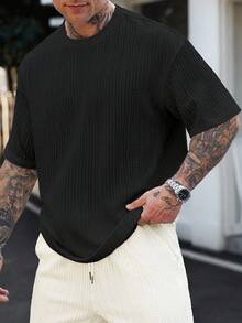 Manfinity Homme Men's Casual Solid Color Knitted Jacquard Fabric Short Sleeve T-Shirt, Summer - Black - View 3