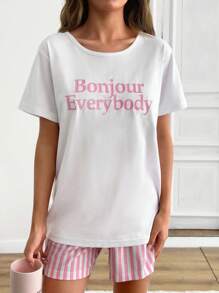 RueChic Cotton 2pcs Women Line Print Short And Slogan Print Top Homewear Pajama Set - White - View 5