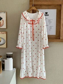DAZY Cute Strawberry Print Ruffle Trim Long Women Nightgown, Fall Pajama - Red - View 4