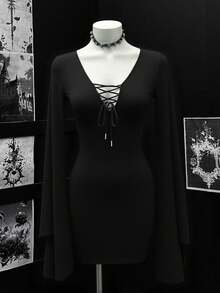 EgrlEra 女性鐘形袖前繫帶洋裝