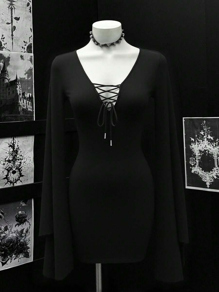 EgrlEra 女性鐘形袖前繫帶洋裝