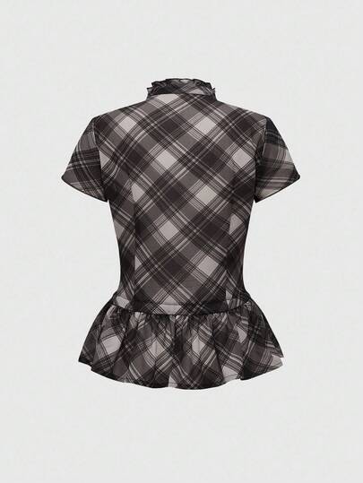 Kawaii Cute Retro Plaid Print Ruffle Hem Fitted Short Sleeve Shirt