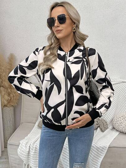 SHEIN Maternity Plant Print Zip-Up Casual Lightweight Jacket