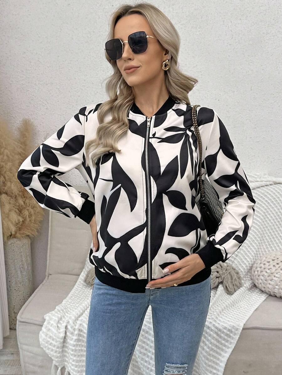 SHEIN 孕妇植物印花拉链休闲轻便夹克 - 杏色 - 查看 1