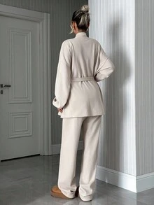 SHEIN Tall Tall Size Cotton Drop Shoulder Belted Cardigan & Pants - Beige - View 2