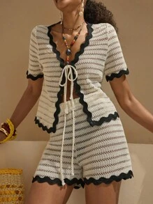 Bóhologie Boho Bohemela Womens Clothing Women Summer Clothes Woman Solid Color Knitting Fabric Contrast Tape Detailed Short Sleeve Front Tie Top T-Shirt And Elastic Waist Short 2 Pieces Outfits Co Ords Beachwear Cover Up Summer Beachwear Clothing Women Summer Sets - Cream - View 5