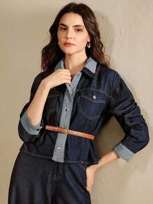 Anewsta 女式蓝色美式拼布修身牛仔裤 - 藍色 - 查看 6