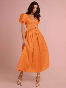 Enchnt Vestido de moda sexy con cuello en V profundo, cintura con lazo y mangas cortas abullonadas de unicolor para mujer