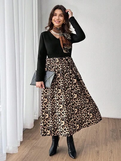 SHEIN LUNE Leopard Print Dress,Women Knitted Solid Color Leopard Print Patchwork V-Neck Elegant Dress, Spring/Autumn