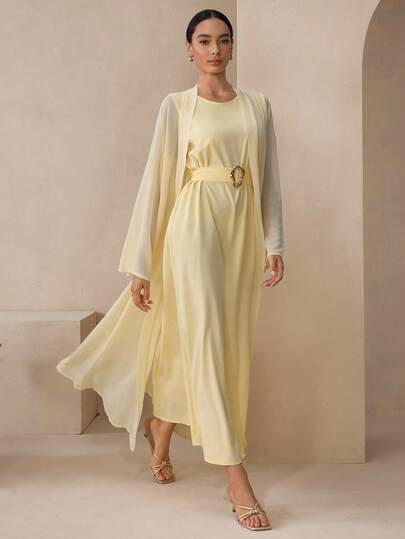 Graceveil שמלת שיפון צהובה אלגנטית ללא שרוולים 2 יחידות עם קישוטי מותן מתכתיים לנשים