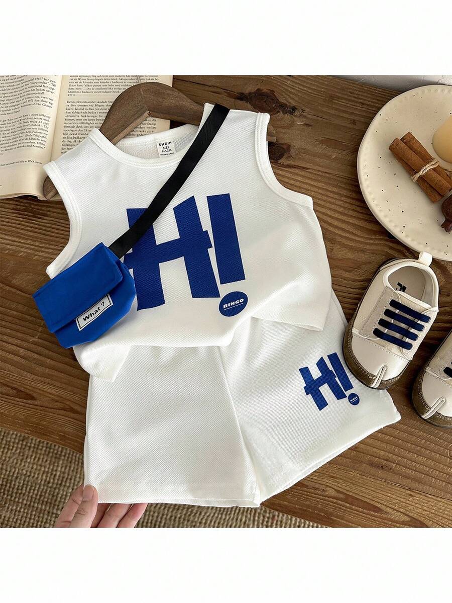 SHEIN 3pcs Baby/Toddler Casual Loose Fit Letter Print Tank Top, Shorts & Bag Set - White - View 1
