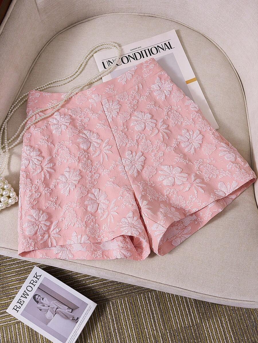 SHEIN LUNE Quần short Jacquard thanh lịch cho nữ đi làm/đi chơi, mùa hè - Hồng - Xem 1