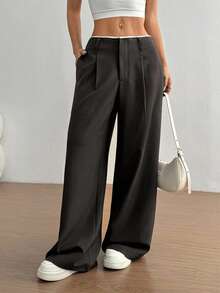 Flirla 女士时尚修身直筒裤，百搭 - 深灰色 - 查看 4