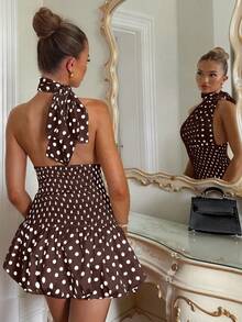 Glamine 女士优雅经典复古波尔卡圆点紧身露背连衣裙，春季连衣裙，沙滩裙，夏季连衣裙，晚礼服，紧身连衣裙，浪漫连衣裙，适合日常约会，度假，海滩，夜总会，派对 - 咖啡棕 - 查看 2