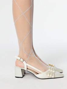 ROMWE Kawaii Pantofi cu toc înalt pentru femei, vârf rotund, bej, cu funde multiple, drăguți și eleganți, potriviți pentru nuntă, rochii de vară, sandale cu baretă în aer liber - Bej - Vizualizare 4