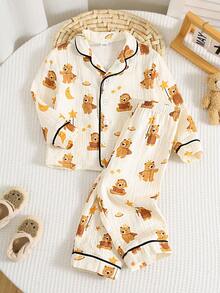 SHEIN 2pcs/Set Toddler Boys/Girls 100% Cotton Cute Bear Pattern Long Sleeve Shirt And Pants Loose Fit Pajamas, Classic Comfortable Casual Basic Homewear Suitable For Spring, Autumn, Winter, Halloween, Christmas, New Year - White - View 1