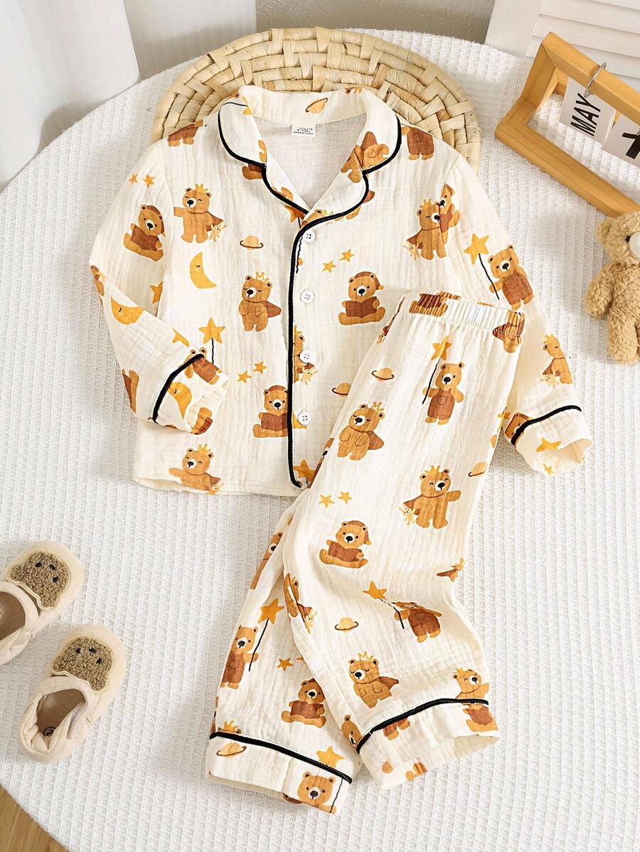 SHEIN 2pcs/Set Toddler Boys/Girls 100% Cotton Cute Bear Pattern Long Sleeve Shirt And Pants Loose Fit Pajamas, Classic Comfortable Casual Basic Homewear Suitable For Spring, Autumn, Winter, Halloween, Christmas, New Year - White - View 1