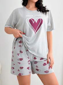 RueChic Cottonlie 2 件加大码心形印花短袖衬衫和撞色心形图案短裤睡衣套装 - 灰色 - 查看 3