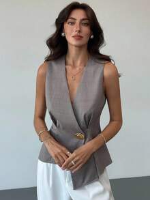 Aloruh 女士时尚不对称下摆无袖衬衫，女士重叠V领无袖优雅衬衫，适合所有女性，秋季女装，秋季教师装，适合女性教师。 - 卡其色 - 查看 5