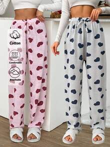 EURMUSE PLUS 2pcs Striped With Heart Pattern Sleep Bottom Sets Pajama Sets For Women Pants - Multicolor - View 1